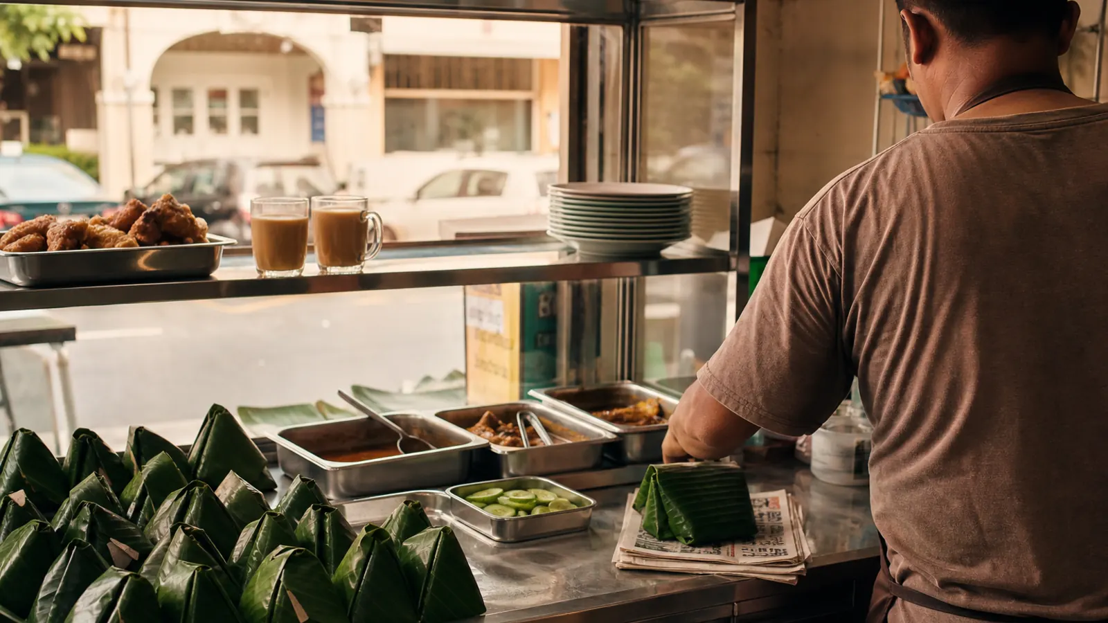 Morning kedai counter with nasi lemak packets in banana leaves and a cook seen from behind.