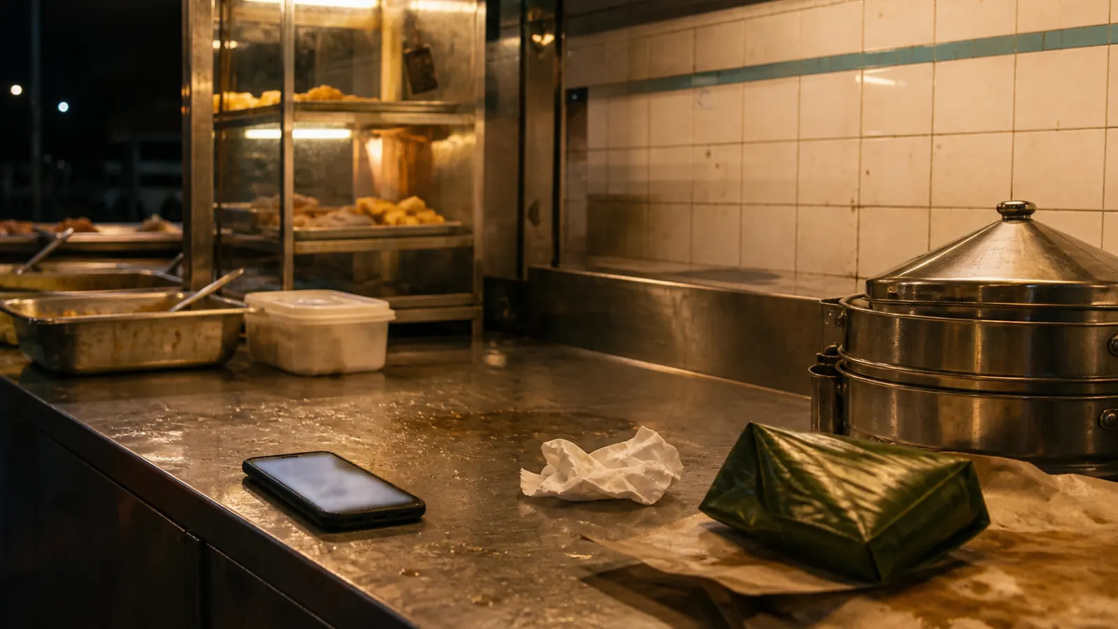 Night kedai stainless counter with a phone, paper scraps, and banana-leaf packets. No people.